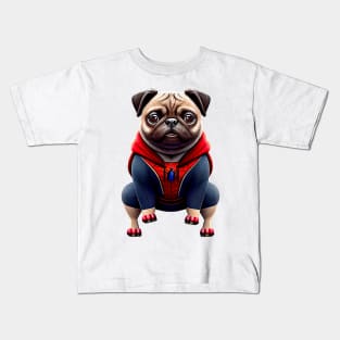 Pug in Superhero Suit - Adorable Pug Dressed as Spider Inspired Hero Kids T-Shirt